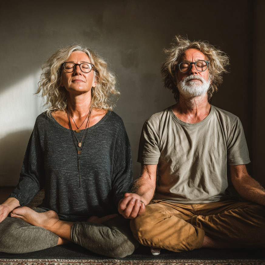 Grupo de adultos mayores sonriendo después de clase de yoga